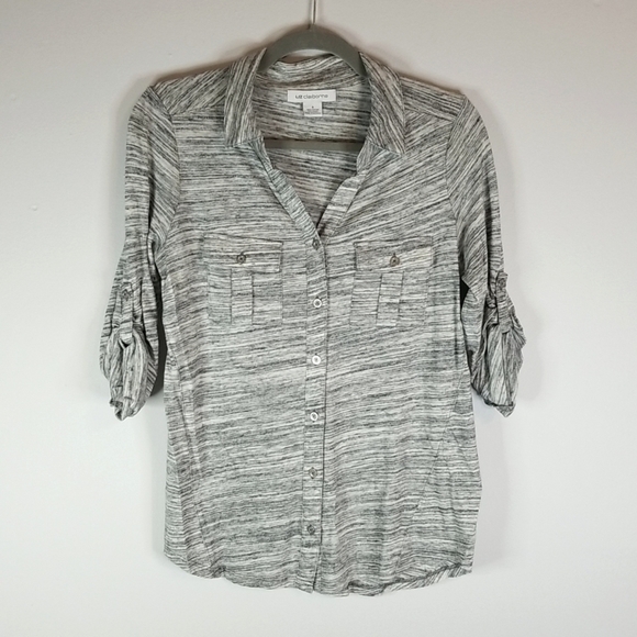 Liz Claiborne heather Grey button down collared vneck Blouse size small EUC 🎯 - Picture 1 of 6